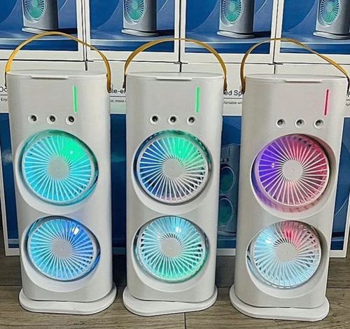 Rechargeable Automatic Rotating Dual Double Spray Mist Fan with Lightening Effects